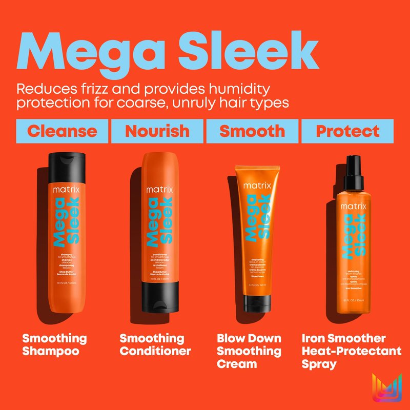 Matrix Mega Sleek Iron Smoother Defrizzing Leave-In Spray - Heat Protectant, Lasting Smoothness, & Anti-Frizz, For All Hair Types, With Shea Butter, 8.5 Fl Oz