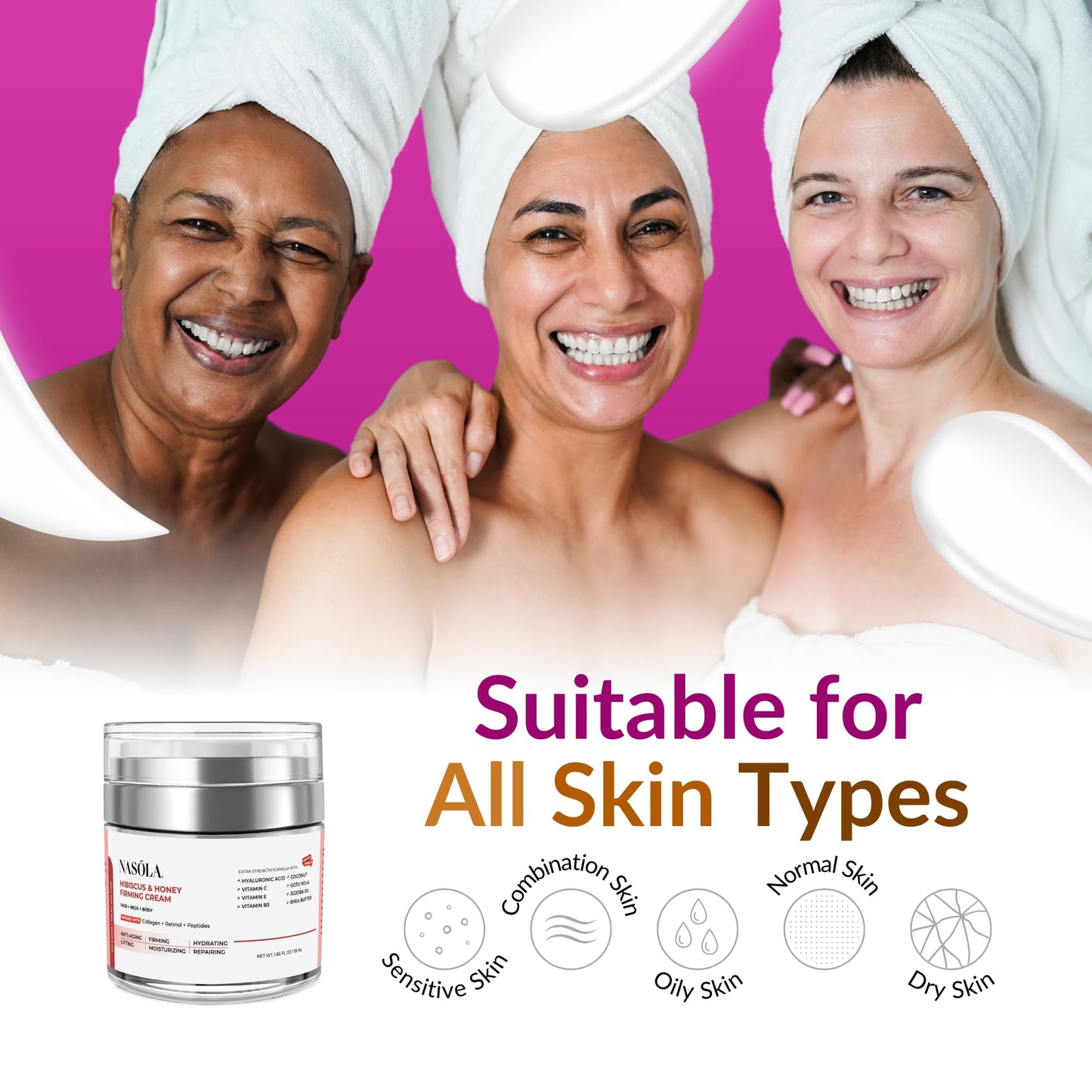 Nasola Hibiscus & Honey Firming Cream for Face, Neck & Body with Collagen, Retinol, Vitamin C, Hyaluronic Acid & Peptides – Skin Tightening, Anti-Wrinkle & Hydrating Moisturizer for Women & Men