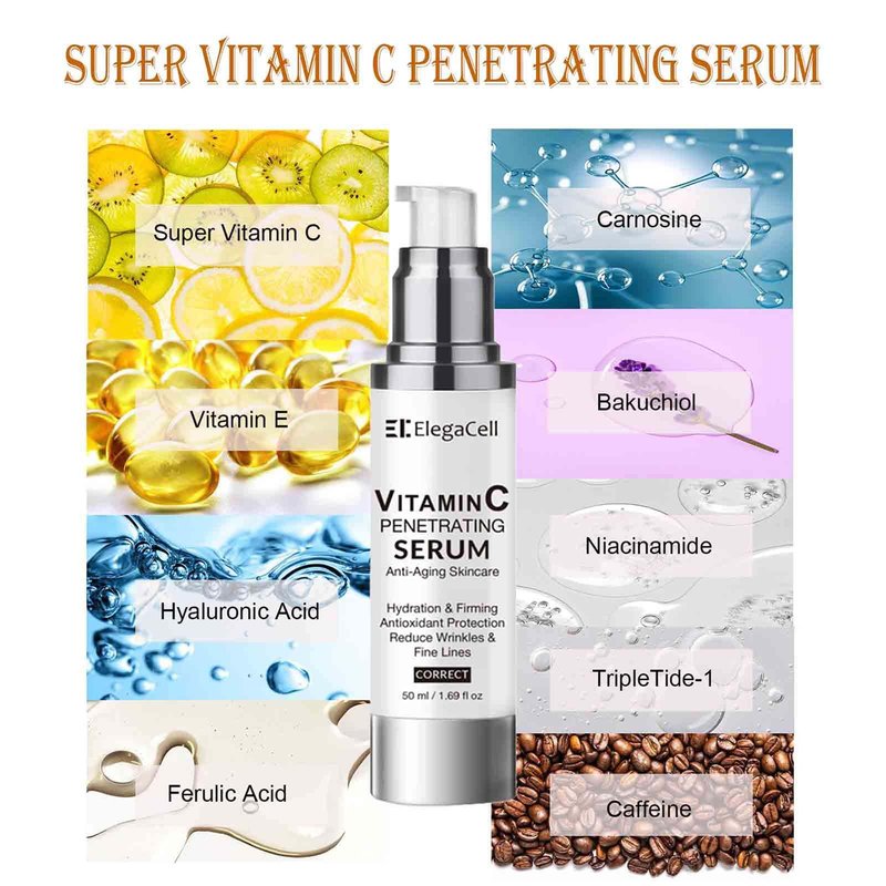 ElegaCell Super Vitamin C Serum for Women Over 70 - All-in-One Hydrating Anti-Aging Formula by Vitamin C, Hyaluronic Acid, Caffeine-Firming, Hydrating,Lifting, Face Wrinkles 1.69 fl oz pack of 2