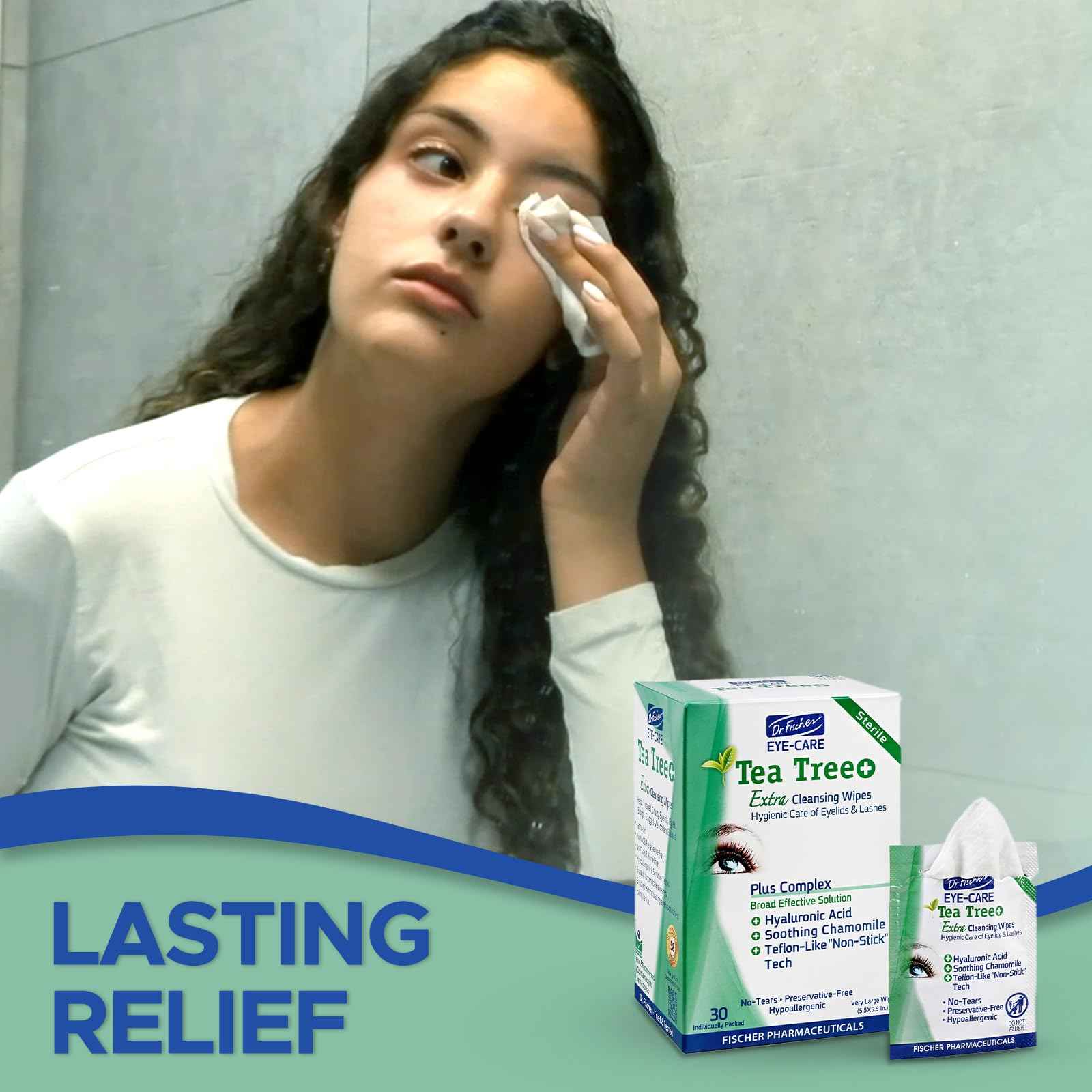 Dr. Fischer Tea Tree Oil Eye Wipes - Eyelid Wipes for Sensitive Eyes with Hyaluronic Acid and Chamomile, Makeup Remover, Daily Cleanser (30 wipes)