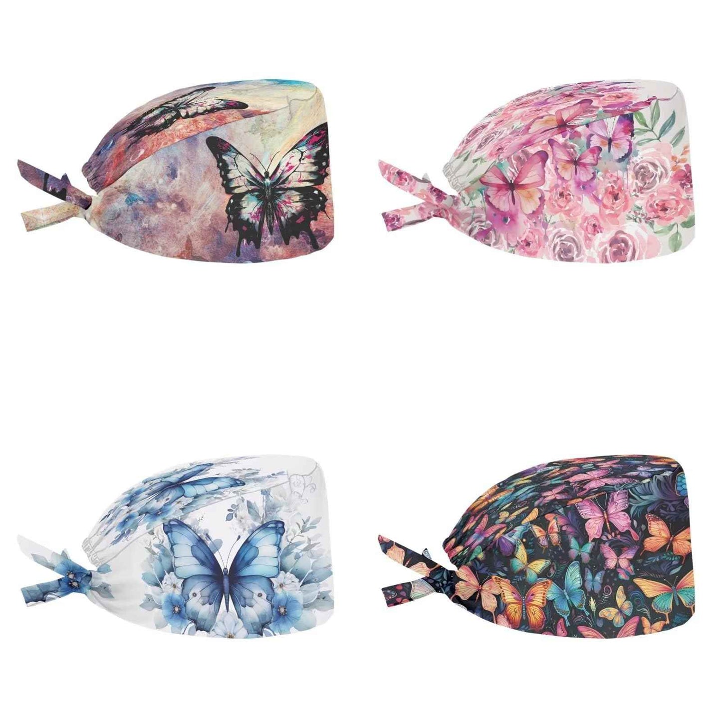 Belidome Bouffant Scrub Caps Women Butterfly 4 Pack Back Tie Long Hair Covering Comfy Lightweight