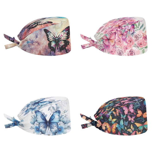 Belidome Bouffant Scrub Caps Women Butterfly 4 Pack Back Tie Long Hair Covering Comfy Lightweight