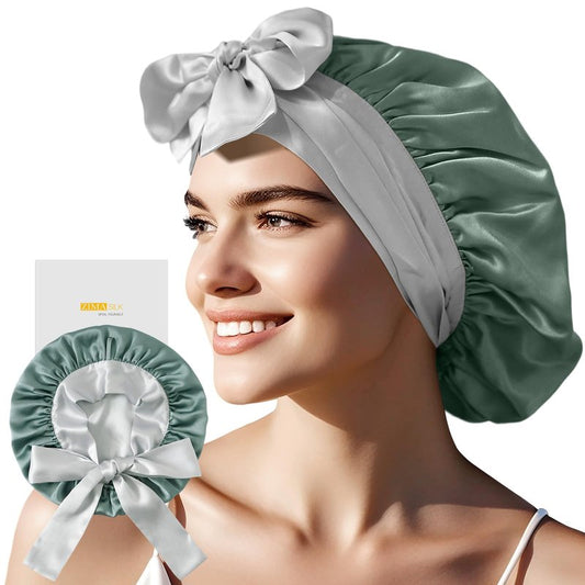 ZIMASILK 100% Mulberry Silk Bonnet for Sleeping Women Double-Layered Breathable Hair Wrap with Silk Tie Band - Reducing Hair Friction (1Pc, Grayish Green)