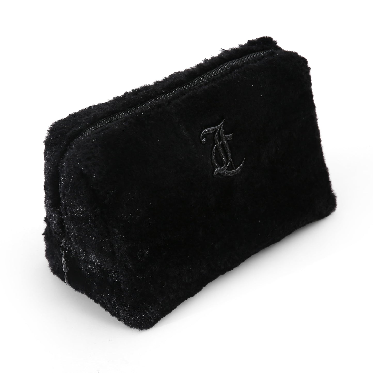 Juicy Couture Black Makeup Bag Cosmetics Organizer Travel Essentials Zip Top Wedge Faux Fur Rhinestone