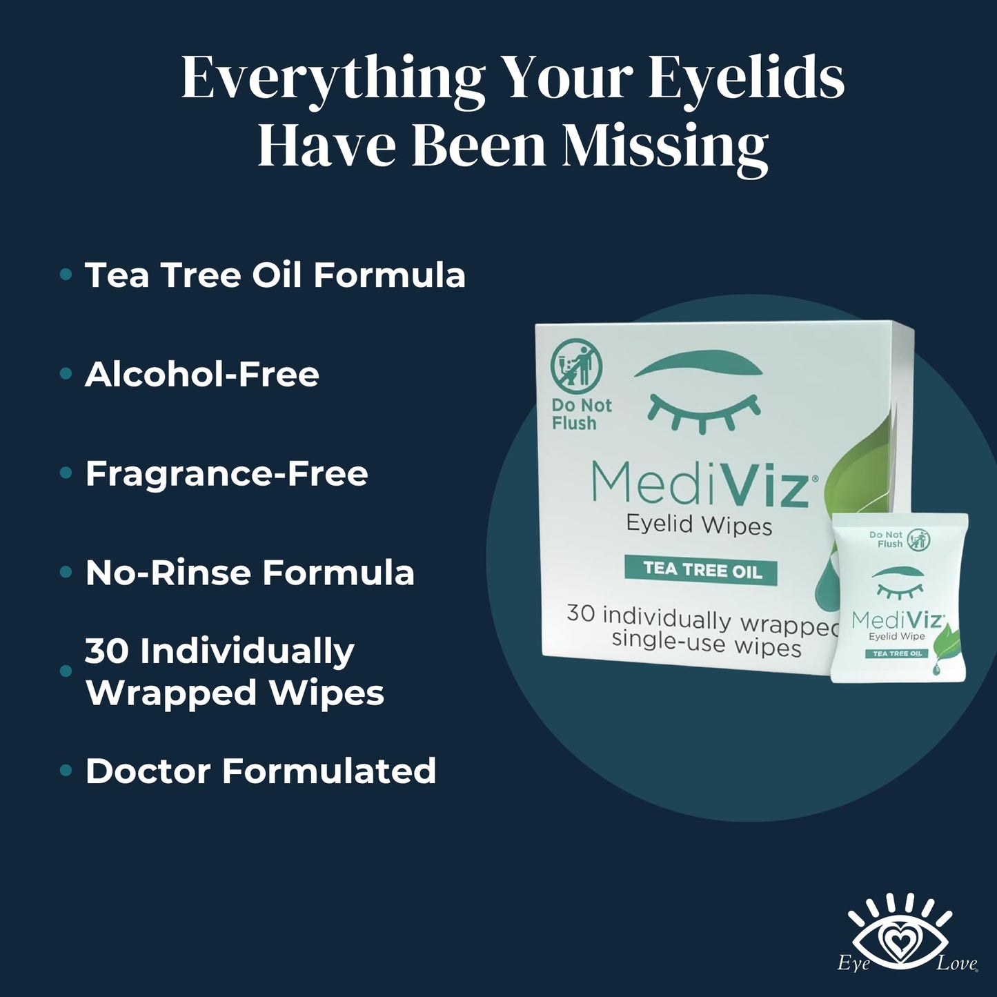 Eye Love Mediviz Tea Tree Oil Eyelid Wipes – 30 Eyelash & Eyelid Scrub Towelettes for Soothing Eye Irritation, Demodex Removal - Makeup Removing Wipes, Alcohol-Free, Fragrance-Free, No Rinse