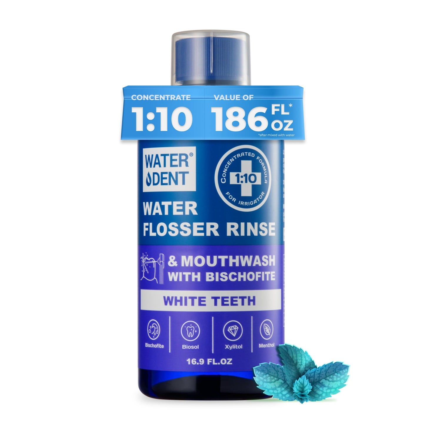WATER DENT Water Flosser Rinse, Solution, Additive & Mouthwash for Teeth Whitening – Compatible with Waterpik & All Oral Irrigators, Concentrated, Gentle Peroxide, Alcohol Free, Mint, 16.9 fl oz