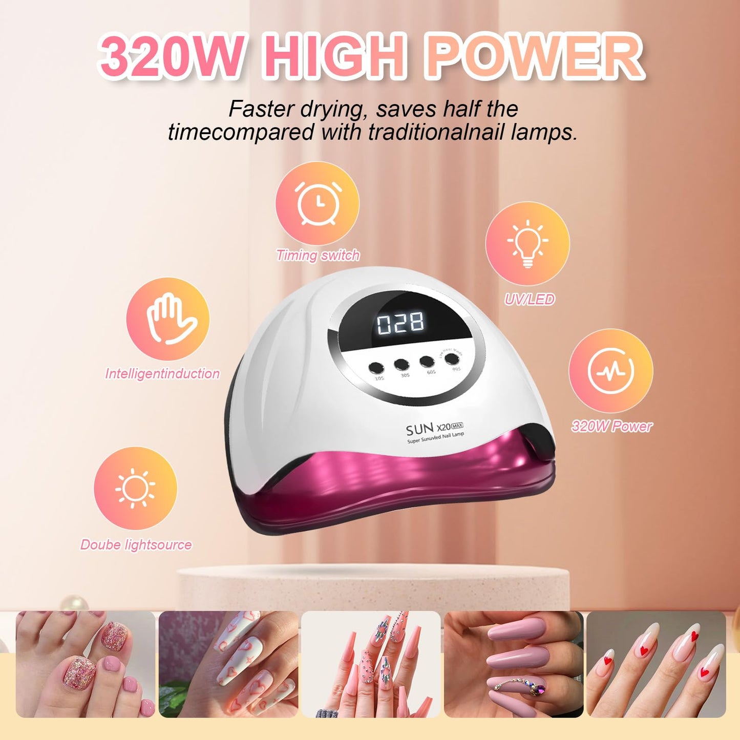 320W UV LED Nail Lamp, Professional Nail Dryer Gel Polish Light with 72 Beads, UV Nail Light with 4 Timer Settings, Nail Polish Curing Gel LED Dryer with Automatic Sensor, LCD Display
