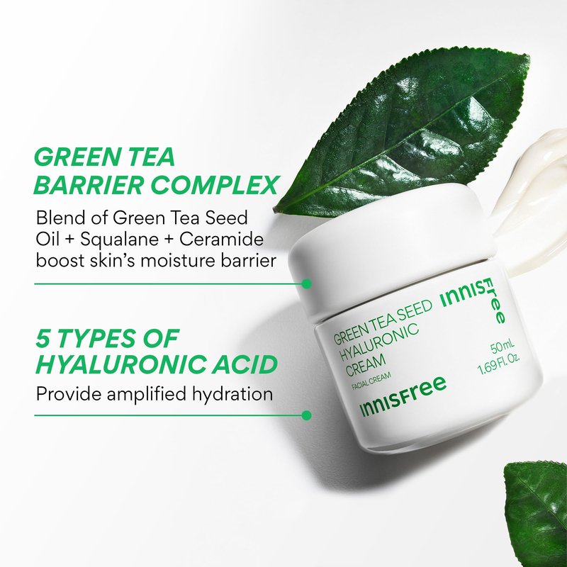 innisfree Jumbo Green Tea Seed Hyaluronic Acid Cream With Barrier Boosting Complex and Ceramide, Korean Hydrating Face Moisturizer for Dry Skin