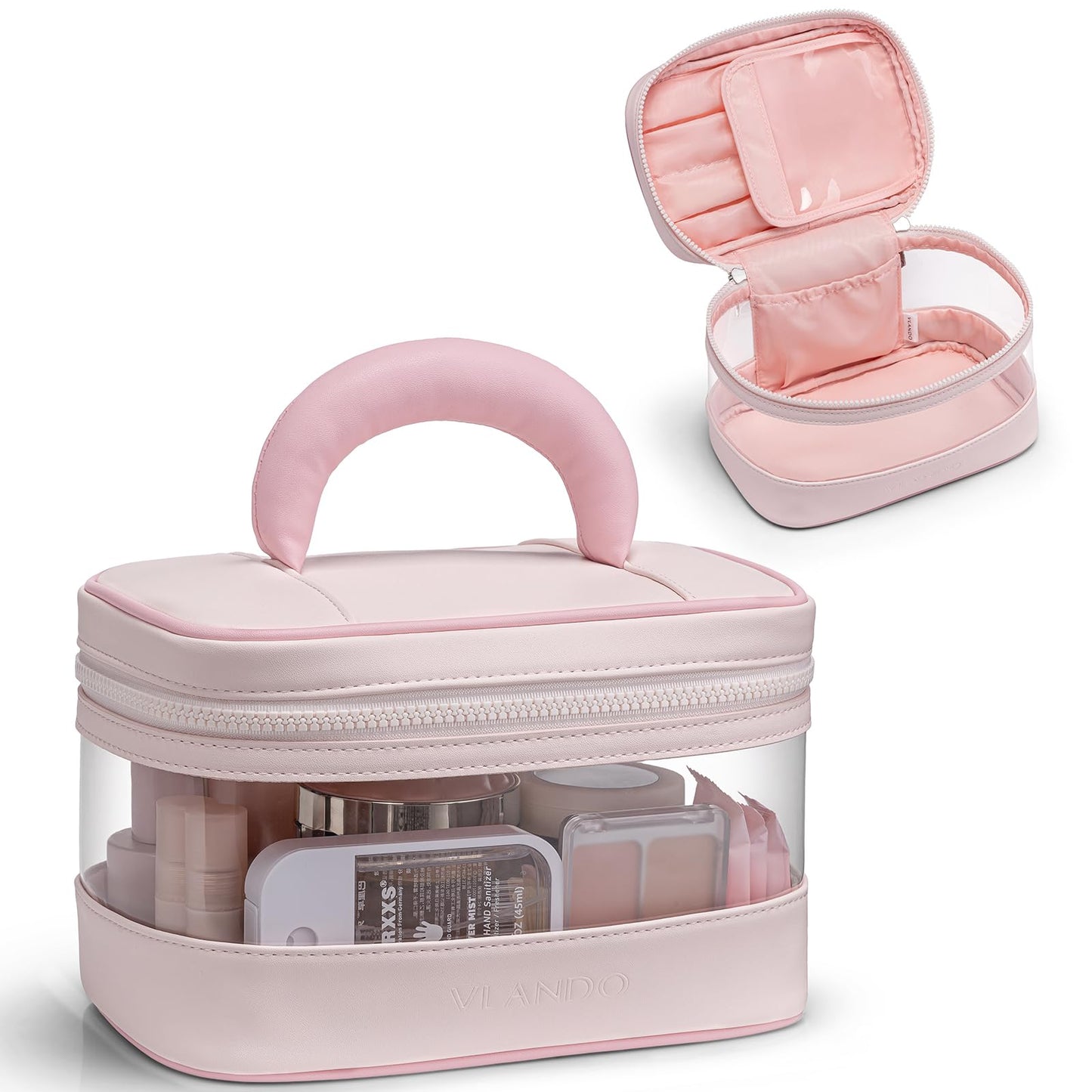 VLANDO Travel Makeup Bag, Large Travel Toiletry Bag for Women Girl, Waterproof Cute Cosmetic Bag with Handle, Clear Make up Bag for Cosmetic, Brushes, Skincare-Apricot Pink