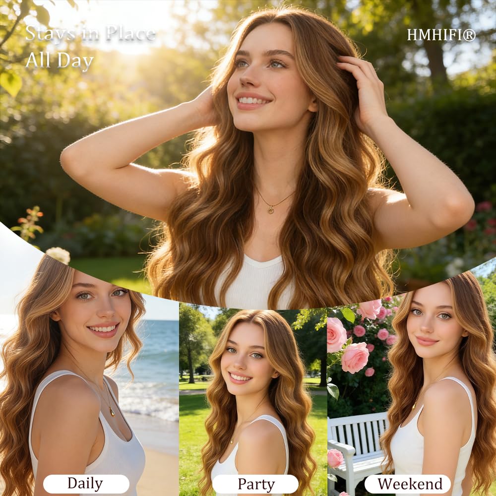 HMHIFI Long Brown Mixed Blonde Wigs for Women Highlights Blonde Wig Natural Middle Part Synthetic Curly Hair Heat Resistant Fiber Hair Replacement Wigs for Daily Party