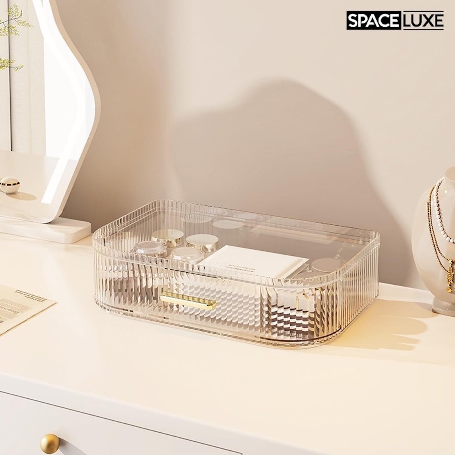 SpaceLuxe Makeup Organizer with Drawers and 360° Rotating Brush Holder, Large Capacity Cosmetic Storage for Vanity, Skincare, Perfume, Hair Accessories, Lipstick & Jewelry (Clear, 2-layer)