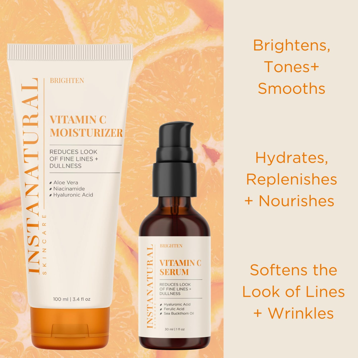 InstaNatural Vitamin C Moisturizer and Serum Kit, Brightens and Reduces Signs of Aging, Fine Lines and Wrinkles, with Hyaluronic Acid and Botanical Extracts