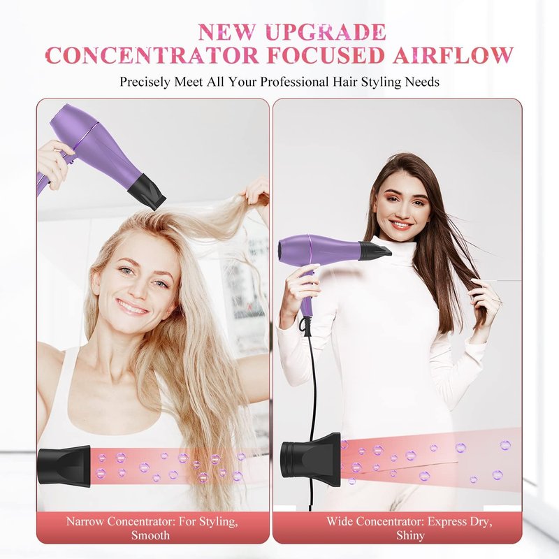 Ionic Hair Dryer - 2200W Professional Blow Dryer for Fast Drying | Low Noise, Travel-Friendly, Curly Hair Care (Purple)