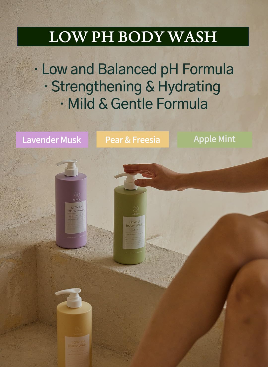 laferme Low pH balanced Gentle Korean Body Wash with Natural & Organic Ingredients, Hypoallergenic for Sensitive Skin, Moisturizing & Hydrating for Dry Skin, For Women & Men, 33 Fl Oz, Pear & Freesia