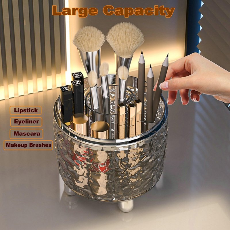 360 Rotating Makeup Brush Holder - Dustproof Spinning Organizer for Bathroom Countertop | Gray