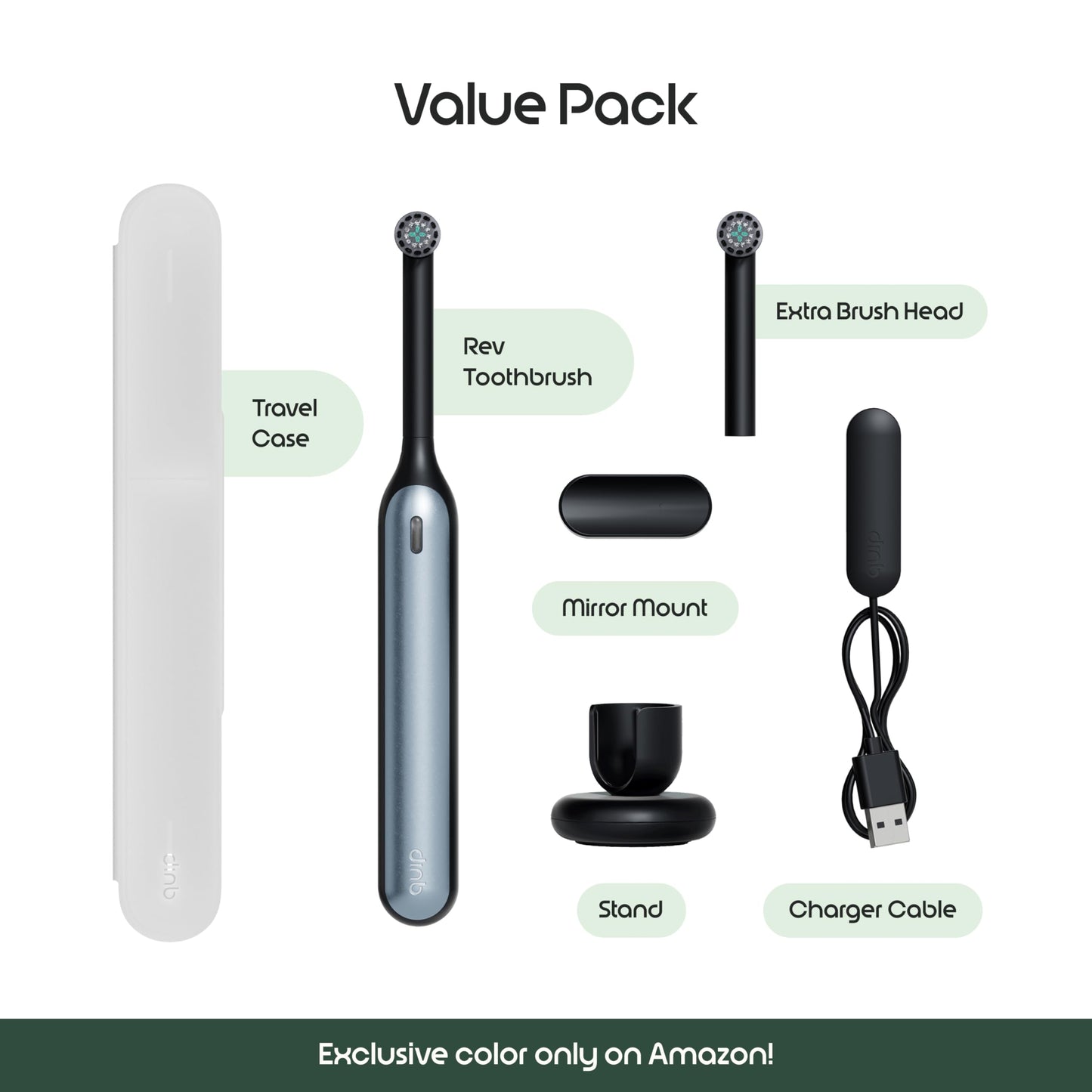 Quip Rev Oscillating Rechargeable Electric Toothbrush with Extra Brush Head - Soft Bristles, Pressure Sensor, 3 Intensities, 30-Day Battery Life, 2-Min Timer, Travel Case, Mirror Mount - Blue Stone