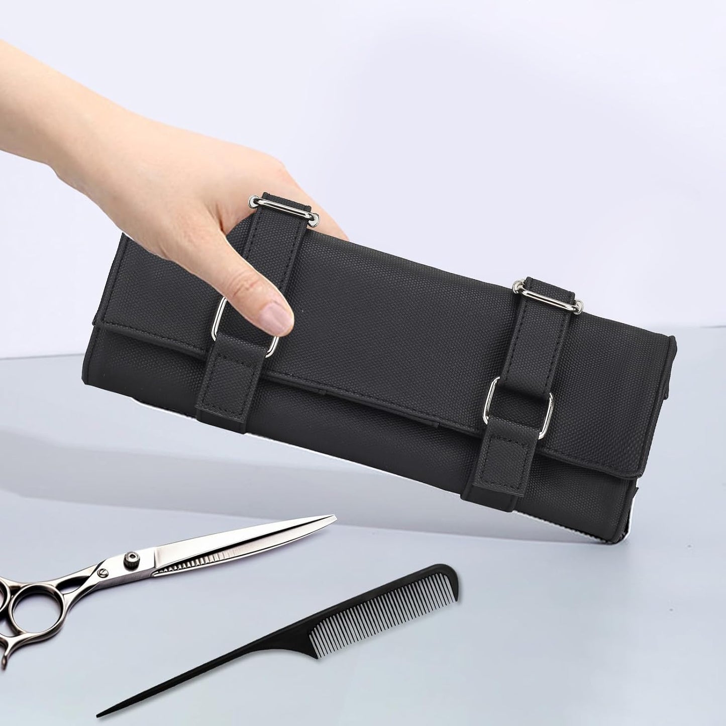Salon Scissors Bag Roll-Up | 14 Pocket PU Grooming Scissors Holder for Hairdressers - Black