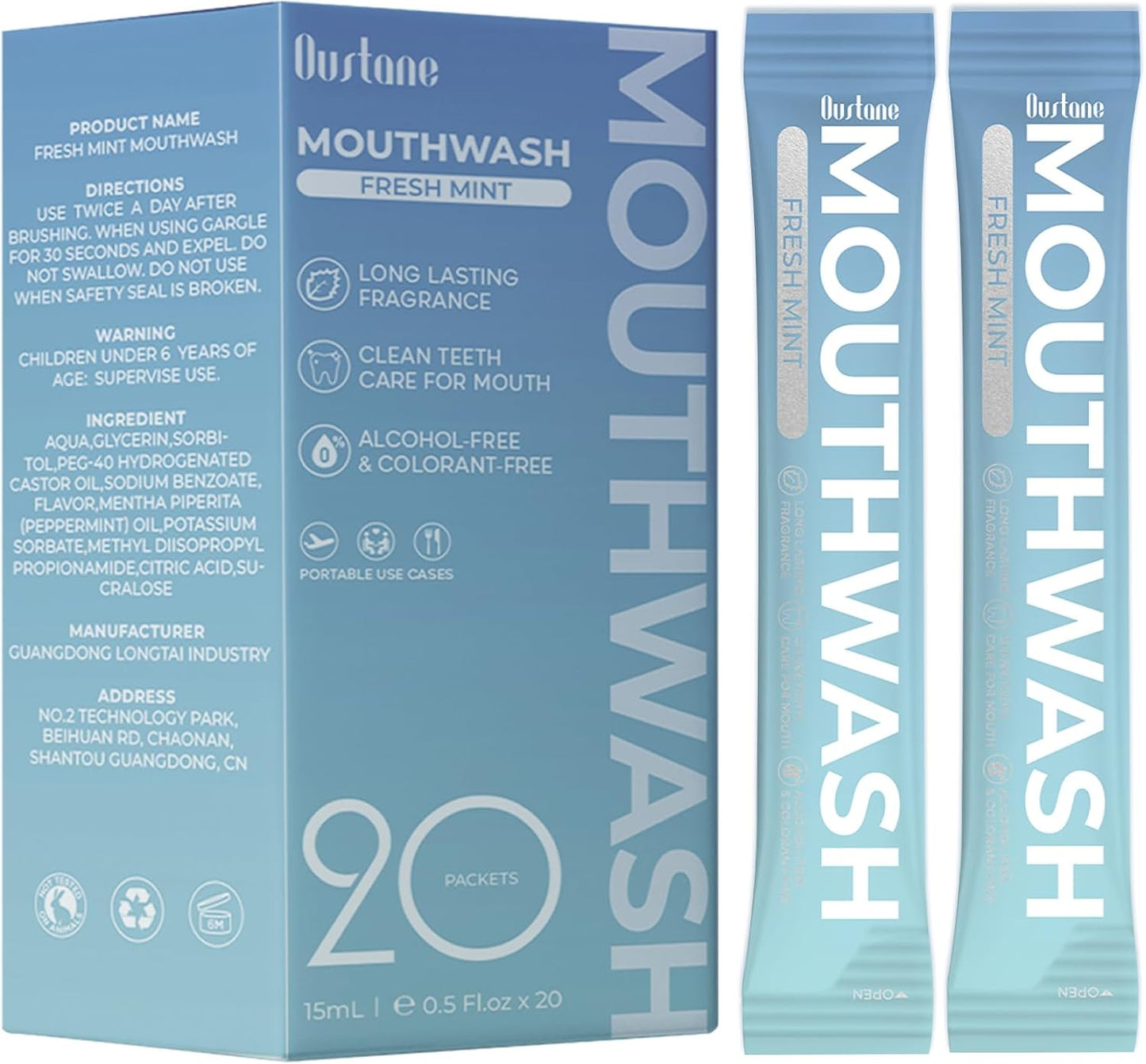 Fresh Mint Mouthwash - Alcohol-Free Travel Size Packets | 15ml, Long-Lasting Freshness (20 Pack)