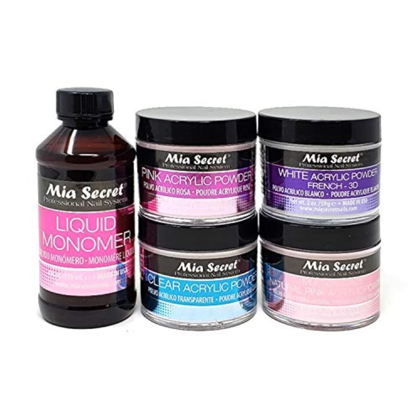 MIA SECRET Liquid Monomer & Acrylic Powder Set - Pink, Clear, 3D White | 4 oz Monomer, 2 oz Each Powder