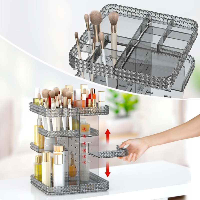 BOCONY Rotating Makeup Organizer, Large Capacity Cosmetic Display Case, Acrylic Skincare Organizer with Brush Holder, Makeup Storage Organizer for Dresser Countertop and Bathroom Vanity - Black