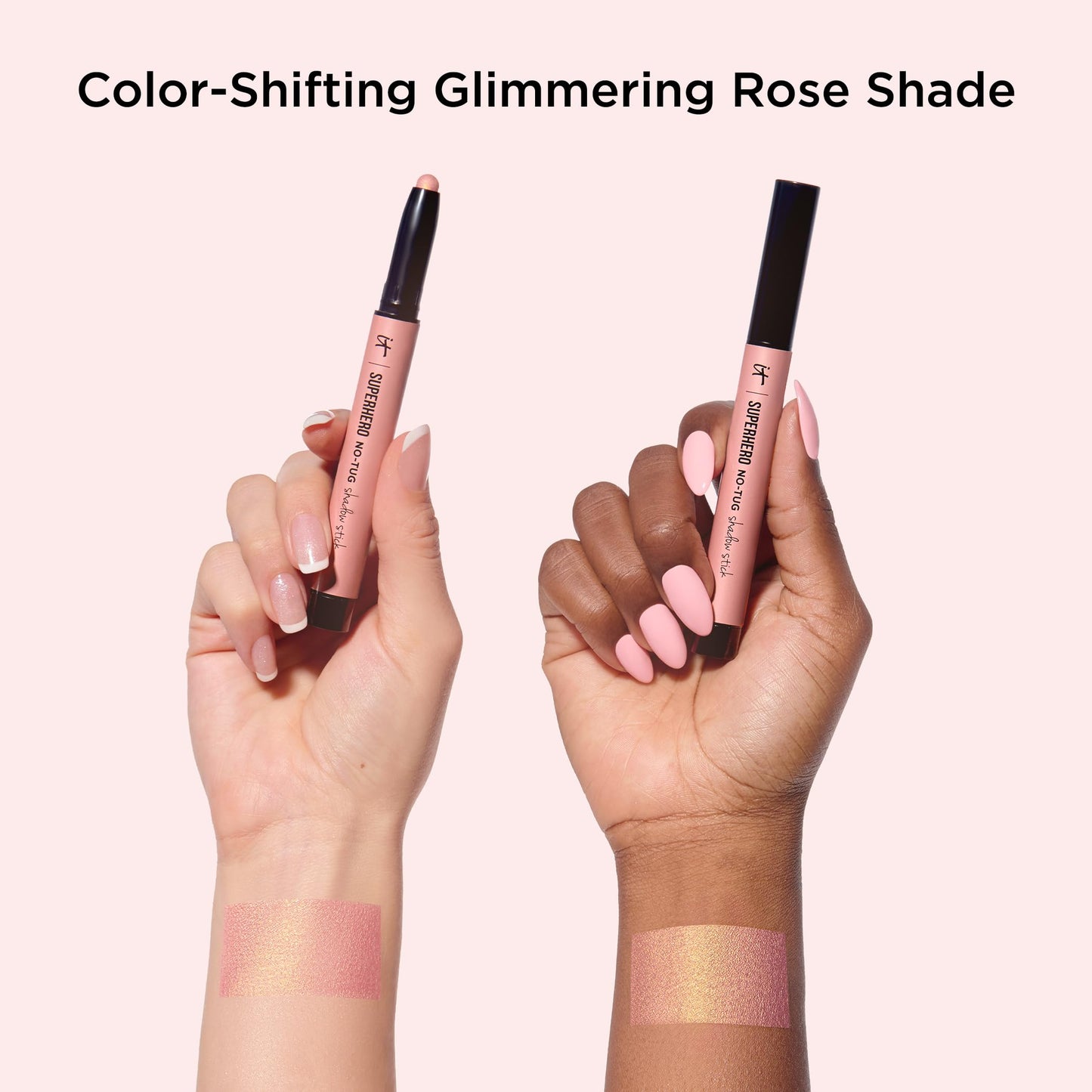 IT Cosmetics Superhero No-Tug Waterproof Eyeshadow Stick, Glimmering Rose (Rose Gold Pearl) - Longwear, Blendable Cream Eyeshadow with Built-In Primer - Suitable for Sensitive Eyes - 0.05 oz