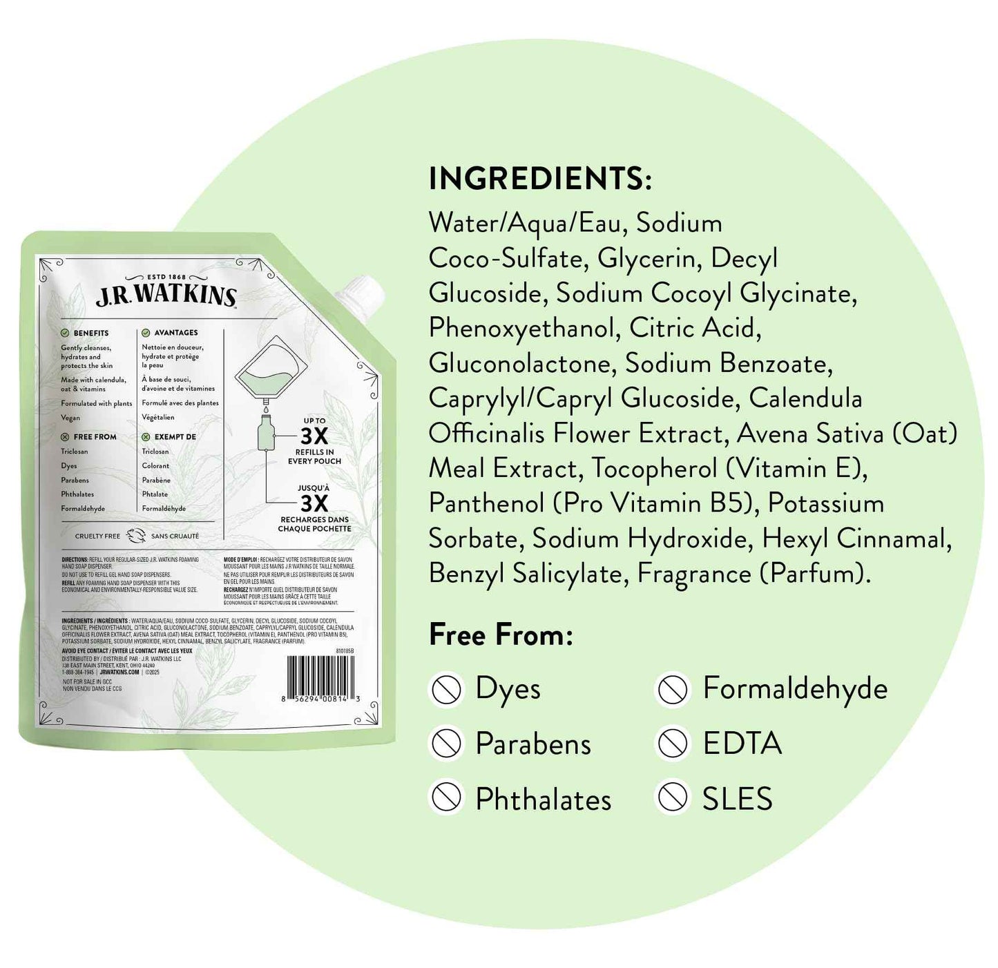 J.R. Watkins Foaming Hand Soap Refill, Moisturizing Foam Hand Wash, Formulated with Plant-Based Cleansers, Alcohol-Free, Cruelty-Free, Aloe & Green Tea, 28 fl oz, 2 Pack