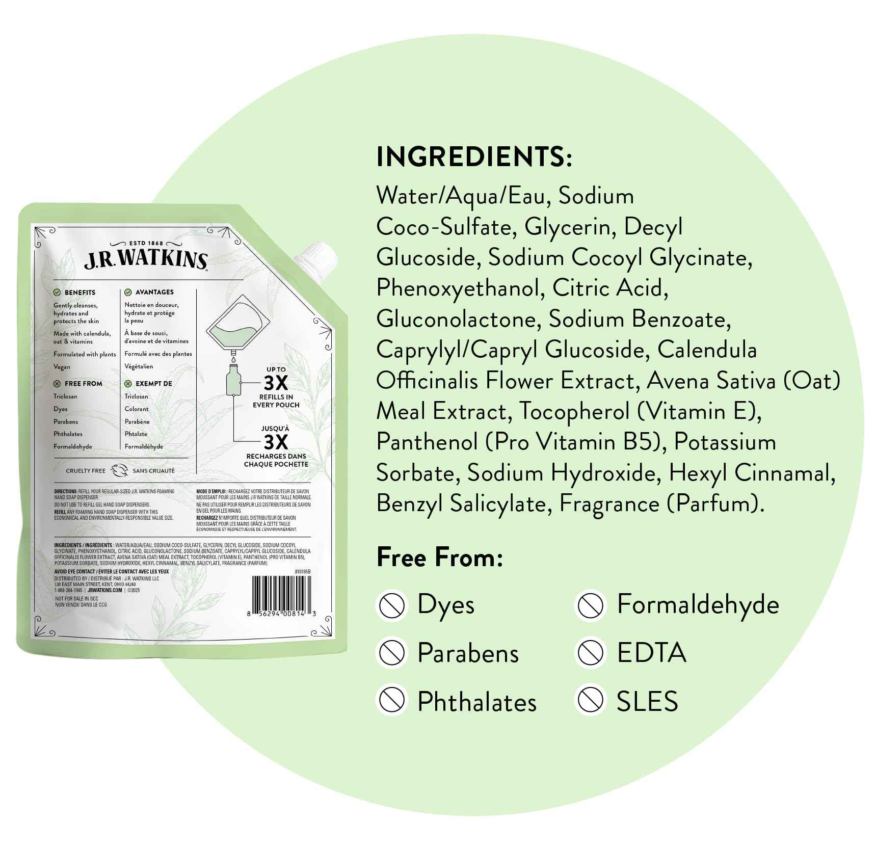 J.R. Watkins Foaming Hand Soap Refill, Moisturizing Foam Hand Wash, Formulated with Plant-Based Cleansers, Alcohol-Free, Cruelty-Free, Aloe & Green Tea, 28 fl oz, 2 Pack