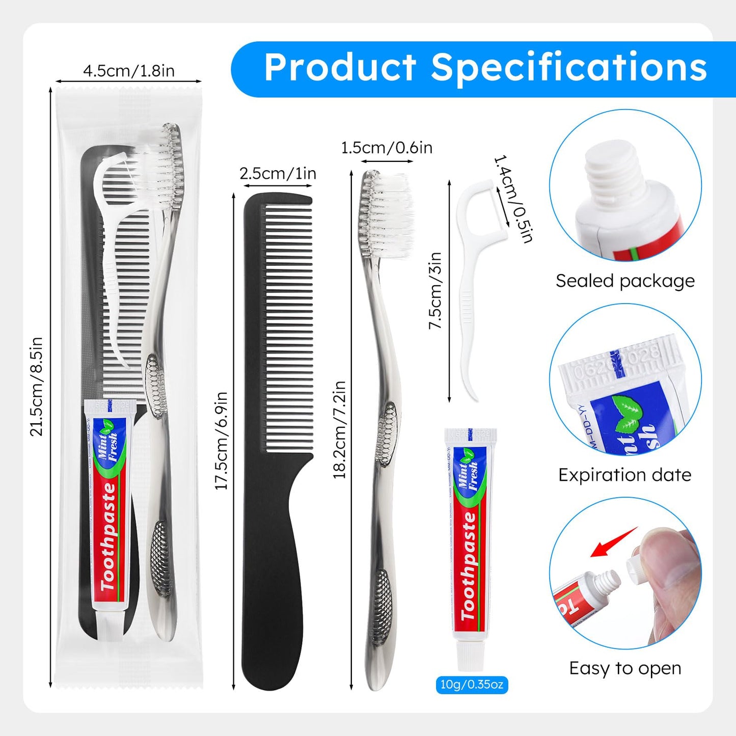 LLHQAMT Travel Toothbrushes with Toothpaste, Disposable Toothbrushes, Hygiene Kits in Bulk with Floss Picks, Combs, Individually Packaged, Suitable for Home, Travel, and Hotels (100-PACK)