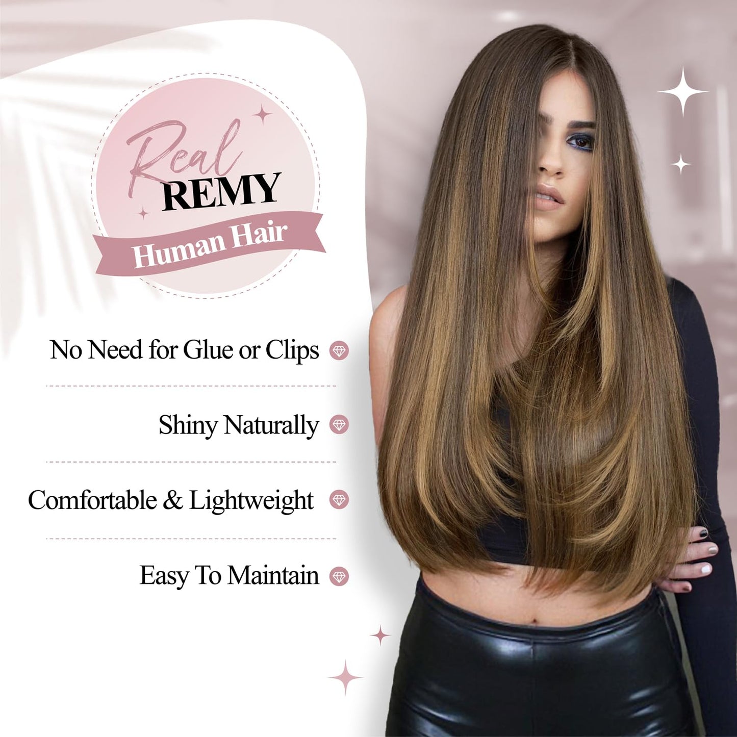 WIGER No Glue No Clips Highlighted Brown Straight Human Hair Extensions Ombre Brown Mixed Blonde Micro Bead Extensions Insert Skin Weft 18 In Balayage Remy Hair Extensions(40g, 20 Pcs)