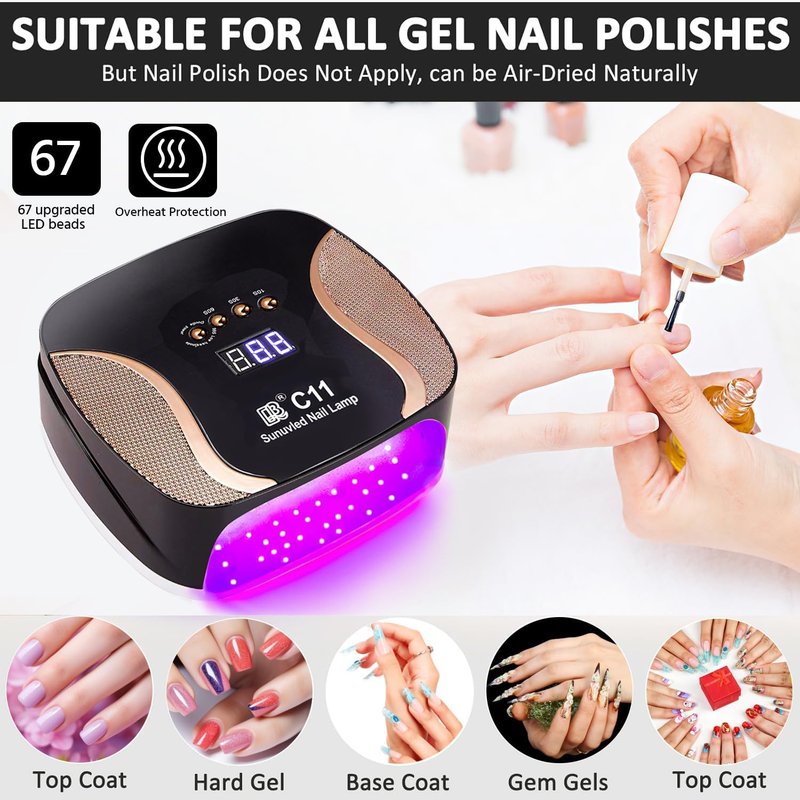 LED Nail Lamp - 67 Dual Color UV Gel Dryer with Auto Sensor & 4 Timer Modes | Foldable, Detachable Base (Black)