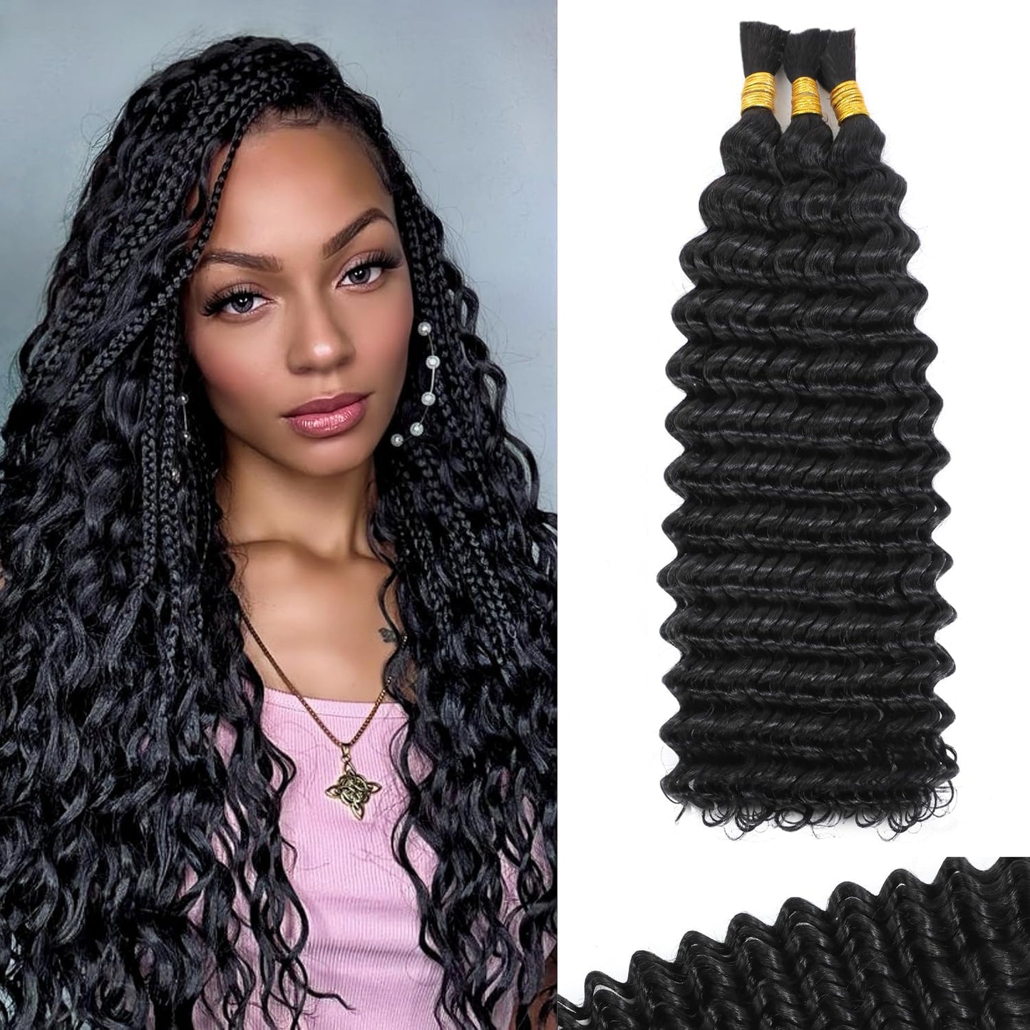 Human Braiding Hair - 16 Inch Deep Wave Bulk Extensions for Boho Braids | 100% Virgin, Knotless, Natural Color, 3 Bundles