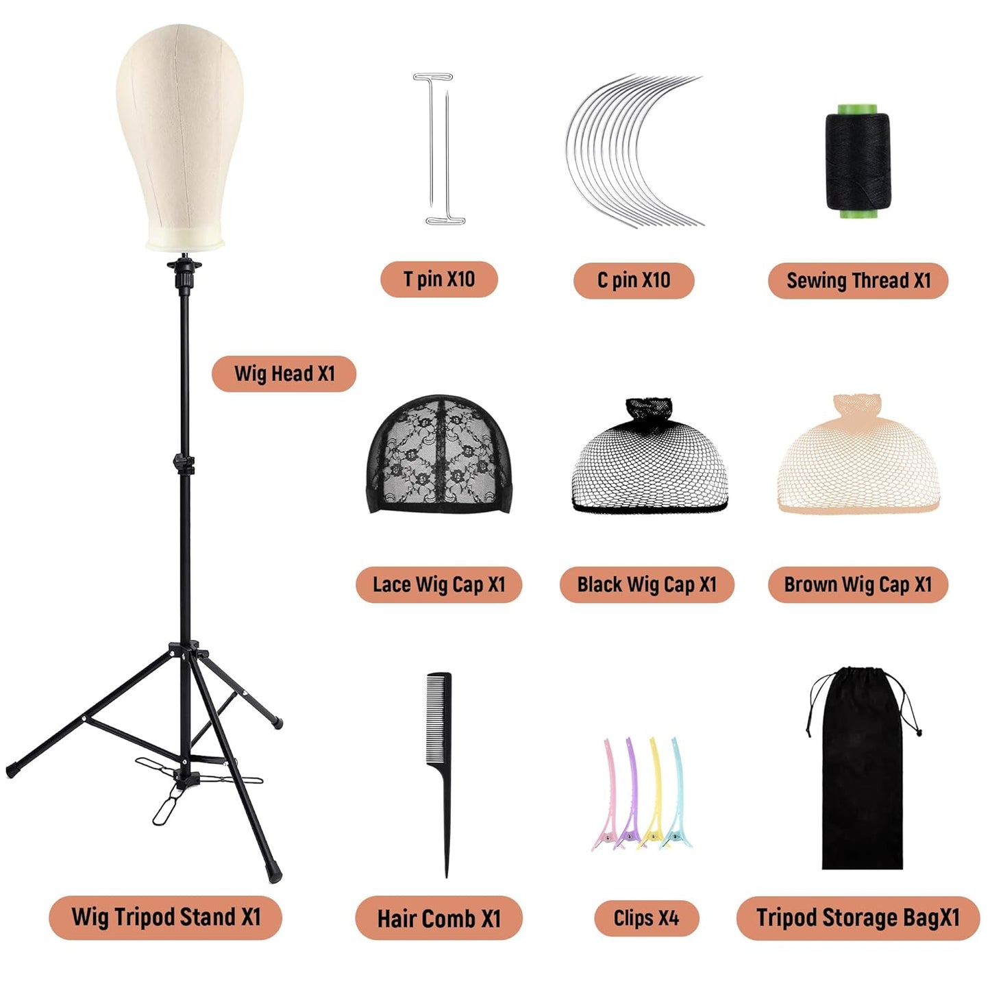 HYOUJIN Adjustable Wig Stand with Mannequin Head & Tripod | Includes Canvas Block Head, Wig Caps, T-Pins, Carry Bag (35.4-52.4in)