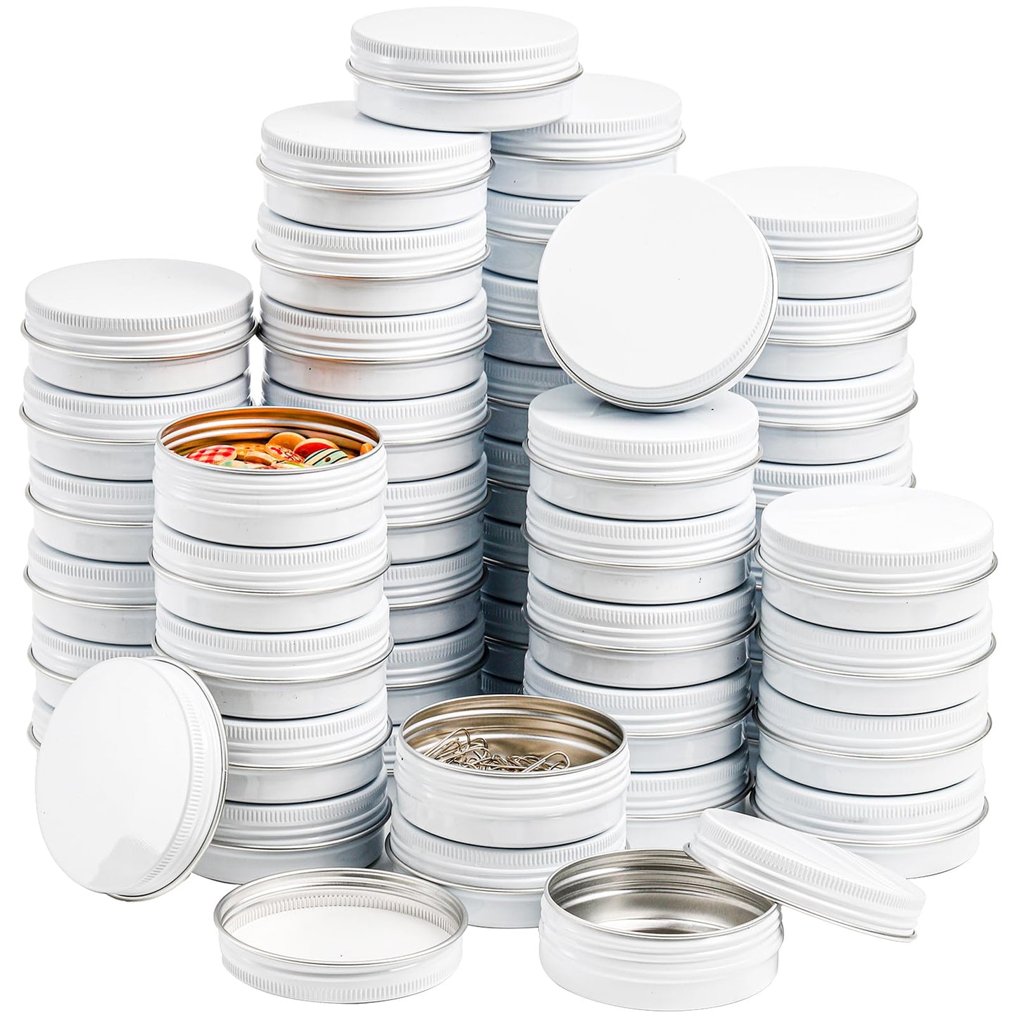 Foraineam 48 Pack 2 oz White Lip Balm Tin Cans, Aluminum Round Cosmetic Sample Containers with Screw Lid, Storage Travel Tin Jars Metal Empty Tins for Salve, Cream, Spices or Candles