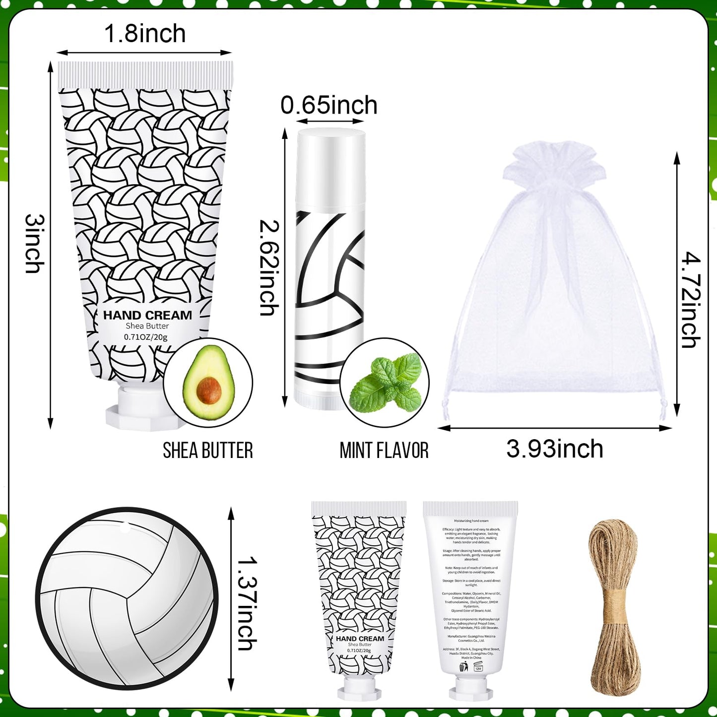 Heigble 144 Pcs Lip Balm Hand Cream Set Party Favors, Include 36 Lip Balm 36 Moisturizing Hand Cream 36 Bags 36 Cards and Ropes for Accessories Gifts(Black and White,Volleyball)