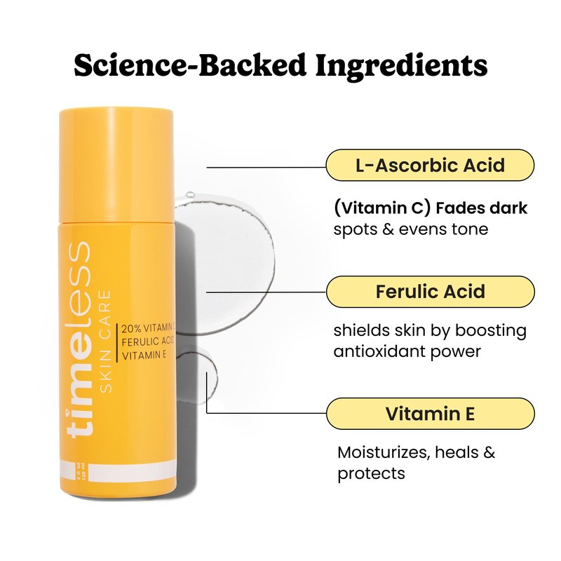 Timeless Skin Care Vitamin C Serum with Vitamin E & Ferulic Acid - Brightening Serum - for Oily & Dry Skin - Fragrance-Free - 4 oz