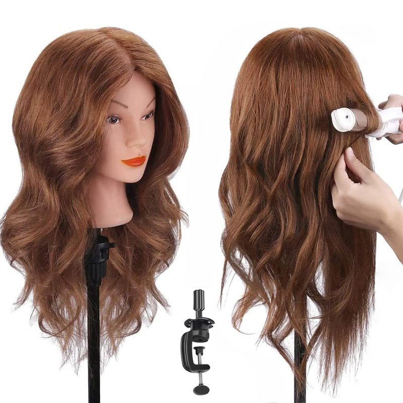Mannequin Head with 100% Human Hair, SZCY LLC 18" Dark Brown Real Hair Cosmetology Mannequin Head Hair Styling Hairdressing Practice Training Doll Heads with Clamp Holder