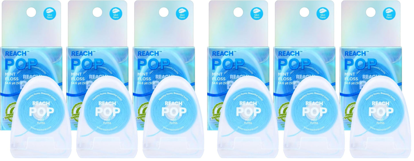 REACH POP Dental Floss, Mint, Plaque Remover for Teeth, Shred Resistant, Vegan Wax, Cruelty Free, Eco Friendly Packaging, Oral Care, PFAS Free, for Adults & Kids, 6 Pack, 54.6 yd