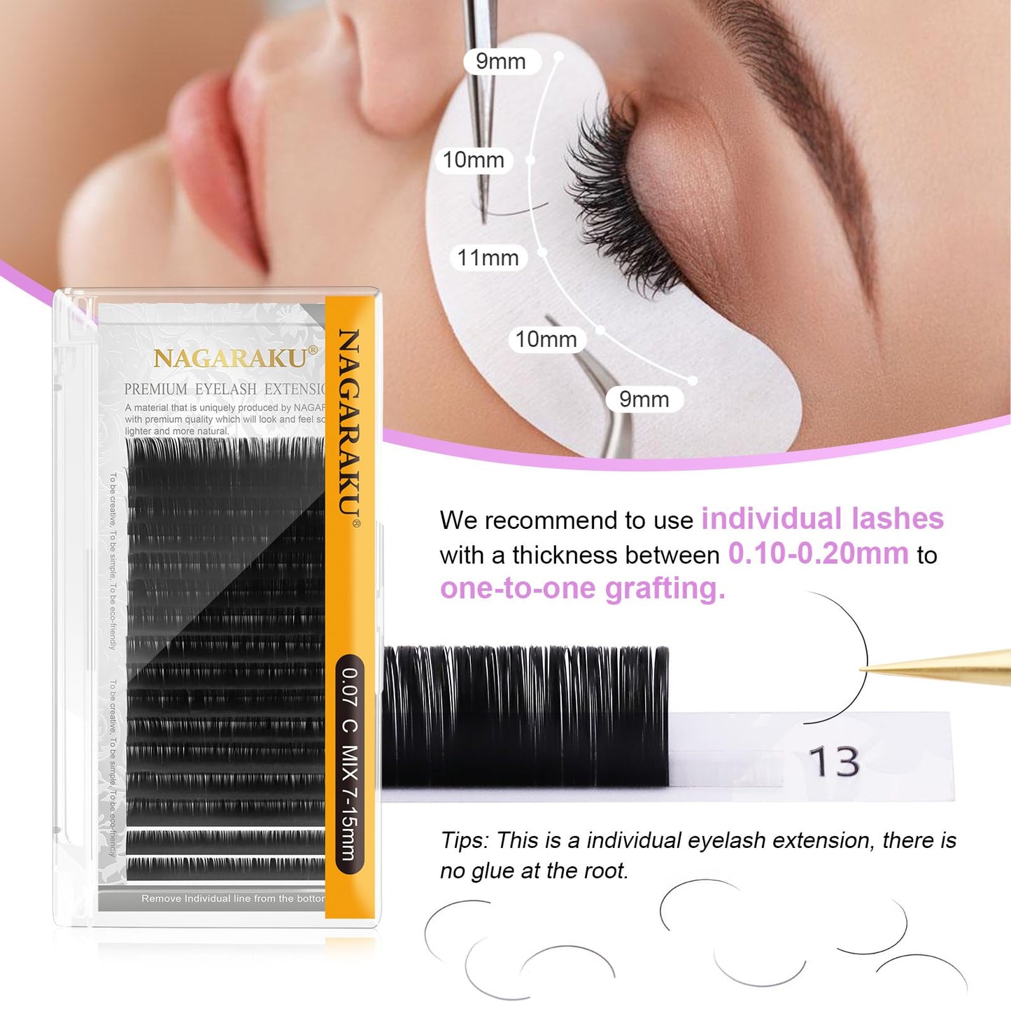 NAGARAKU Eyelash Extensions Classic J B C D N LC LD L DD CC LB Curl 0.03-0.20 Thickness 5-17mm, Matte Black Individual Lashes Professional Supplies for Lash Techs (0.07-N 7-15mm Mix 5 Trays)