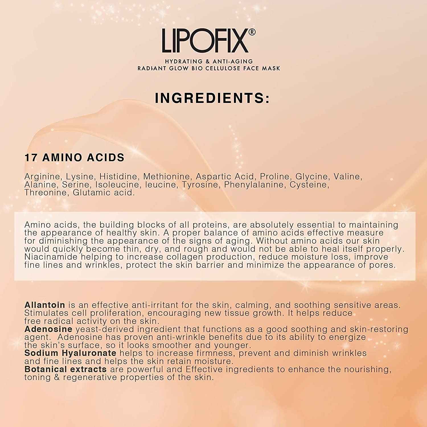 LIPOFIX Anti Aging Lifting Hydrating Facial Bio Cellulose Face Mask Sheet For Fine Line Reducing And Skin Radiance. Made in Korea 5 Masks