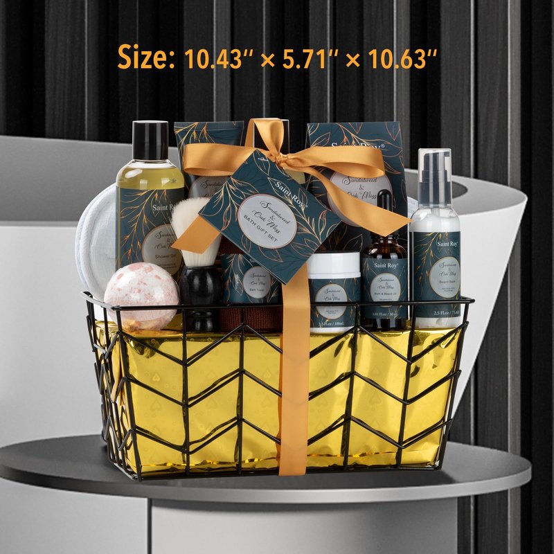 Fathers day gift baskets Birthday Day Gifts for Him Spa Gift Basket for Men, Body Wash, 13pcs Sandalwood Oak Moss Bath and Beard Kit for Men with Beard Brush, Christmas Gifts Spa Kits for Man dad