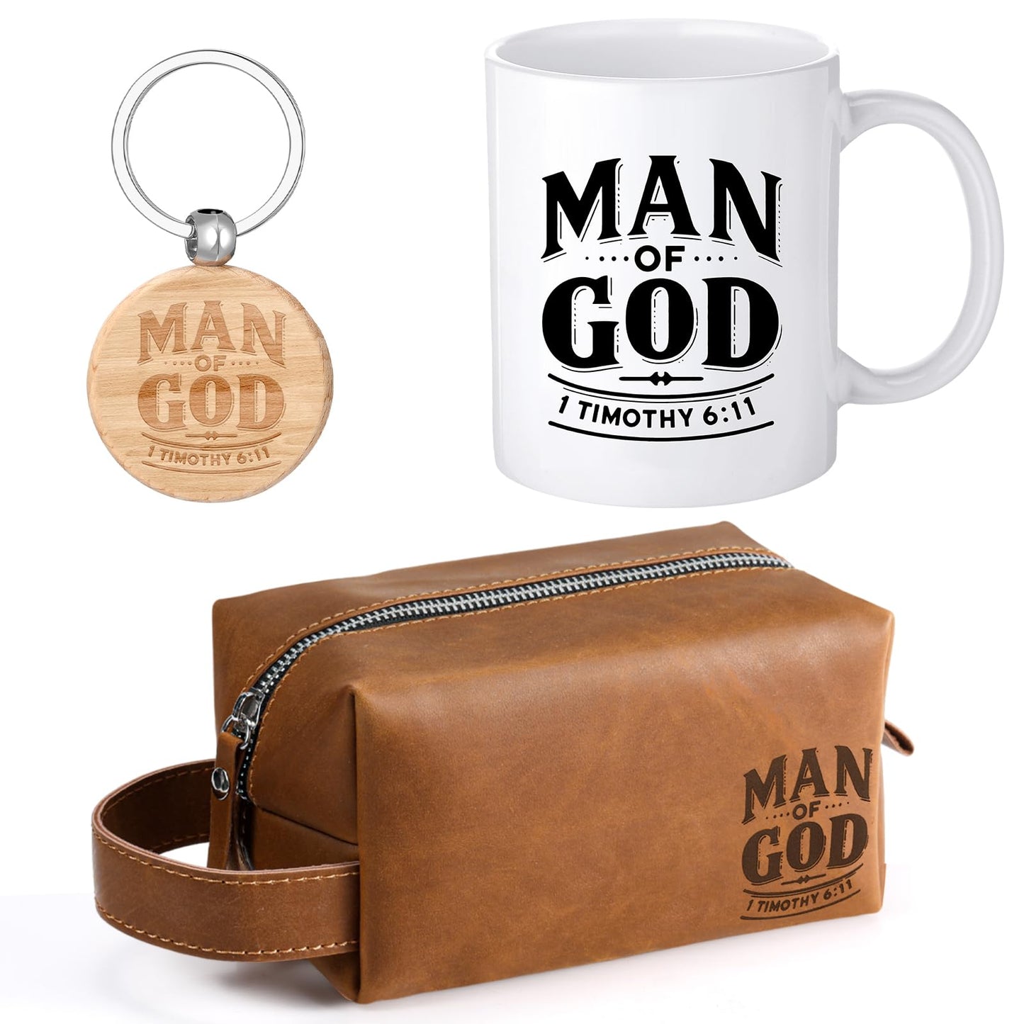 Shinylin 3 Pcs Father's Day Man of God Gifts for Men Christian 11.2oz Inspirational Coffee Mug Religious Bible Verse Leather Toiletry Bag Scripture Keychain for Dad Pastors Church Gift(Classic Color)