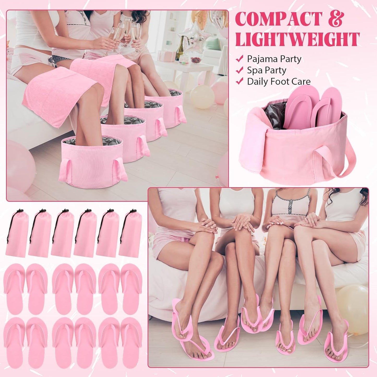 FillTouch Pink Foldable Foot Bath Kit - 15L Soaking Tub, Collapsible Towels & Slippers for Spa Parties | Portable Pedicure Set