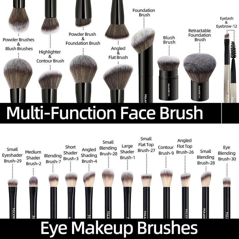20 PCS Foundation Makeup Brush Set - Double-Ended Kabuki Contour Brushes for Liquid & Powder Blending | Black