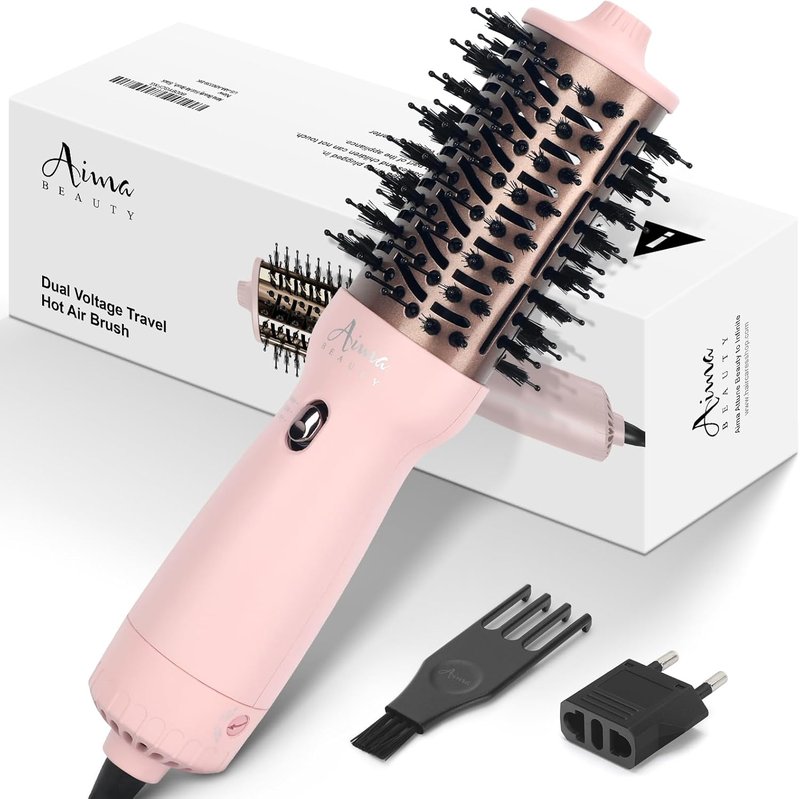 Aima Beauty Travel Hair Dryer Brush - Dual Voltage Hot Air Brush for Frizz-Free Styling | Pink