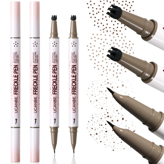 UCANBE 2PCS Dual-Ended Freckle Pen & Freckle Stamp - Precise 15° Curved Tip Makeup Waterproof & Smudge Proof, Long Lasting Faux Freckles Pencils (01 Light Brown+03 Chestnut)