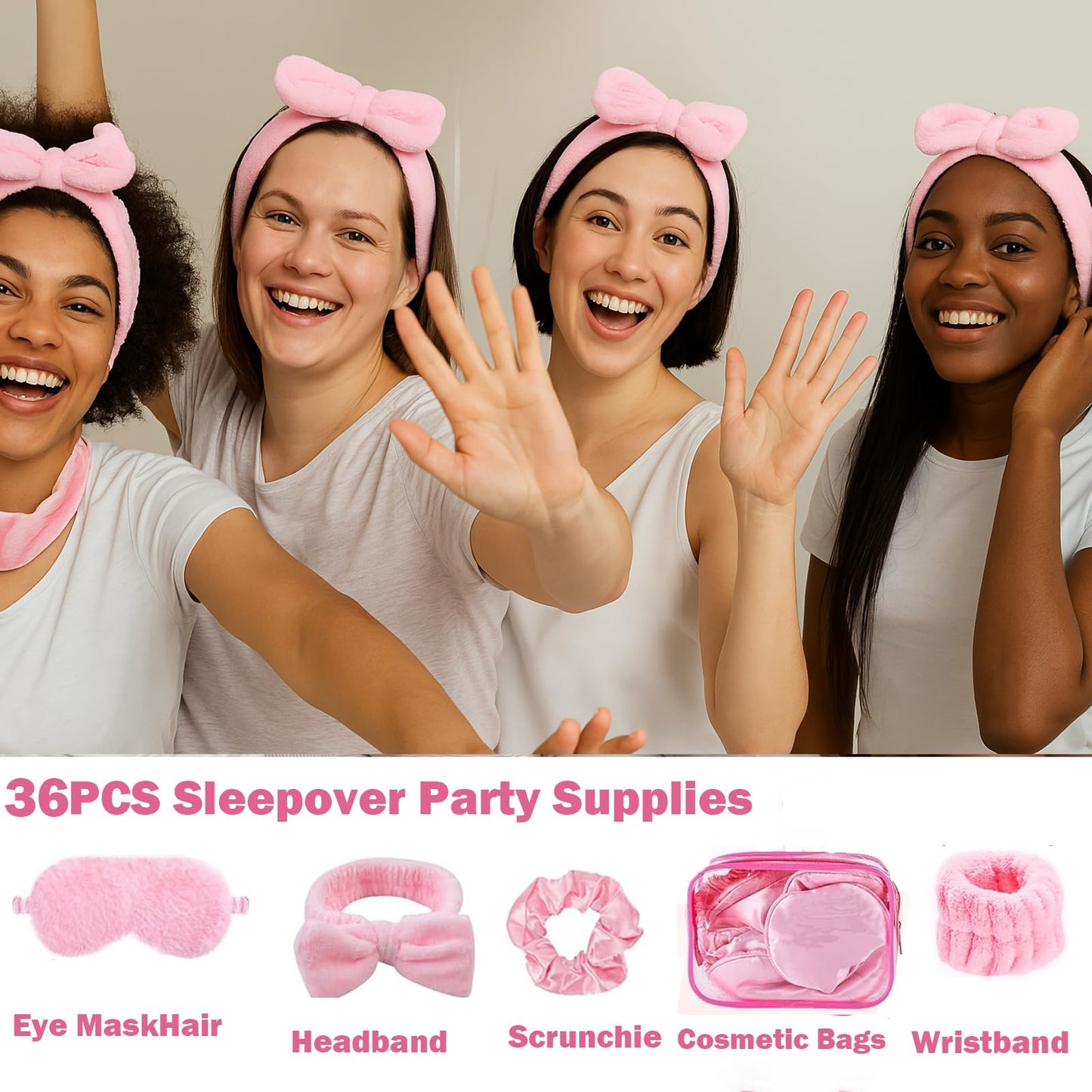 LEFIMOT 36 Pcs Sleepover Party Supplies 12 Pink Spa Headband 6 Pink Plush Sleep Eye Mask 6 Velvet Scrunchies 6 Wristband 6 Clear Cosmetic Bags for Women Slumber Spa Party Favor Gift Skincare Makeup