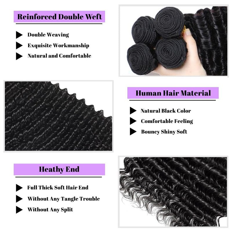 Deep Wave Human Hair Bundles 16 Inch Deep Wave Bundles 100% Unprocessed Brazilian Virgin Hair 1 Bundle Curly Bundles Hair Extensions Real Human Hair Wavy Quick Weave Bundle Natural Black