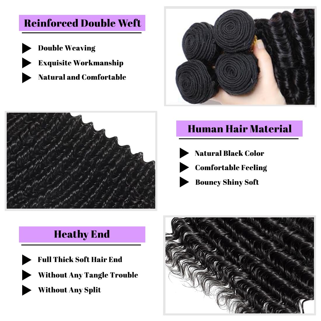 Deep Wave Human Hair Bundles 18 Inch Deep Wave Bundles 100% Unprocessed Brazilian Virgin Hair 1 Bundle Curly Bundles Hair Extensions Real Human Hair Wavy Quick Weave Bundle Natural Black