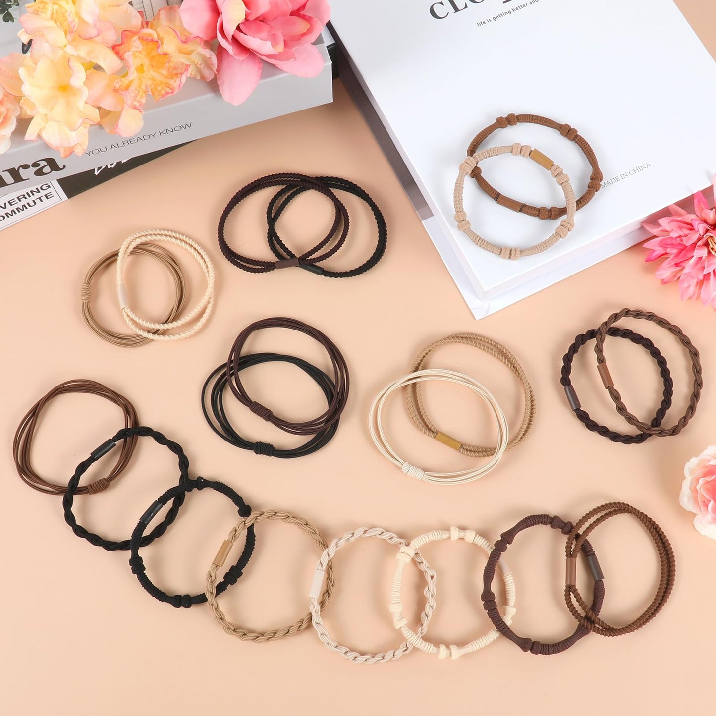 OHCISP Boho Hair Ties, 20 PCS of 4 Styles Cute Bands for Thick or Thin Hair, No Damage Elastic Bracelets, Brown Hair Accessories for Girls and Women