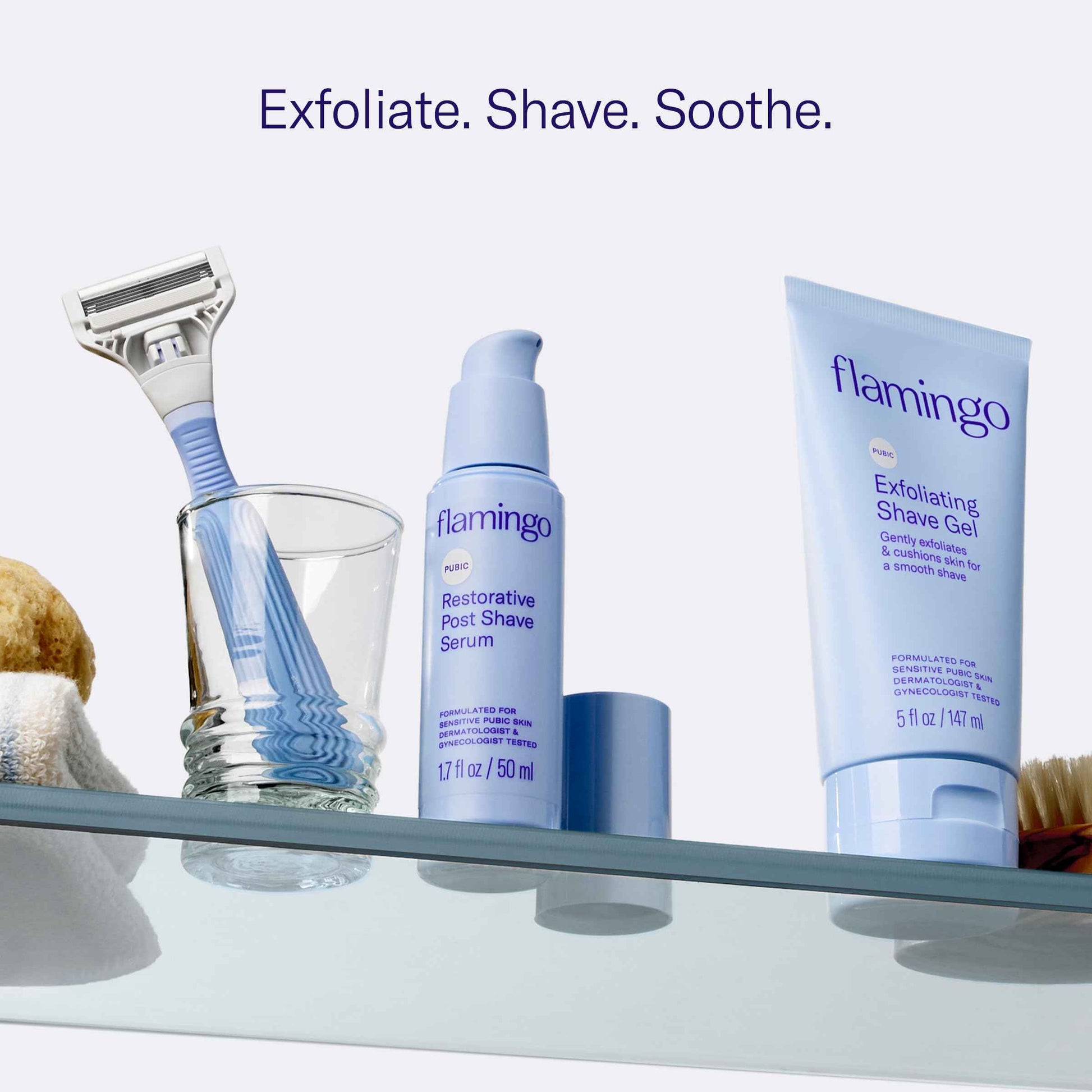 Flamingo Pubic Hair Shaving Skin Care Set, Exfoliating Shaving Gel for Women 5 fl oz with Restorative Post Shave Serum 1.7 fl oz